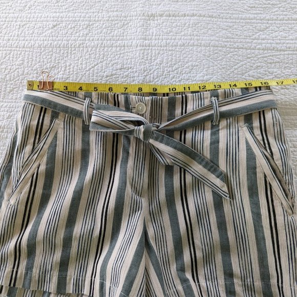 Loft Green Black Cream Striped Cotton Shorts w/ belted tie - Picture 8 of 9